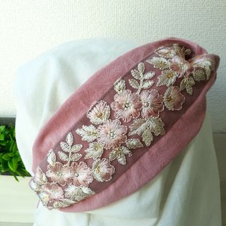 431【インド刺繍リボン×ピンク綿麻ワッシャー】サイズ調節ヘアターバン(ヘアアクセサリー)