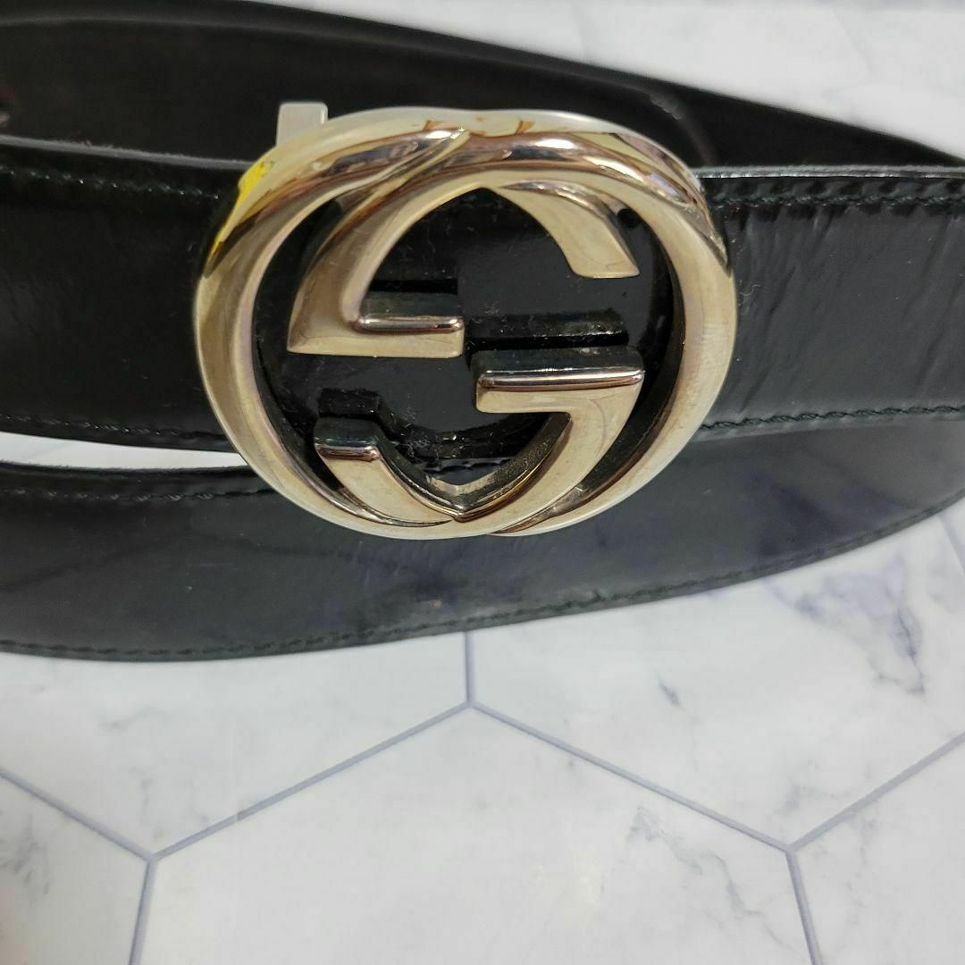 GUCCI シルバー×ブラック エナメル ベルト スーツ パンツ ワンピース-