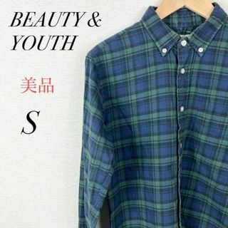 ビューティアンドユースユナイテッドアローズ(BEAUTY&YOUTH UNITED ARROWS)の美品　チェック柄ネルシャツ　薄手　長袖　カジュアル　オフィス　緑　メンズ(シャツ)