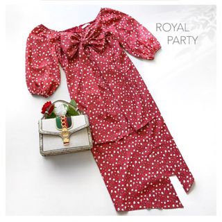 ロイヤルパーティー(ROYAL PARTY)の未使用　ロイヤルパーティー ロング丈ワンピース ボウタイ パフスリーブ 花柄 赤(ロングワンピース/マキシワンピース)