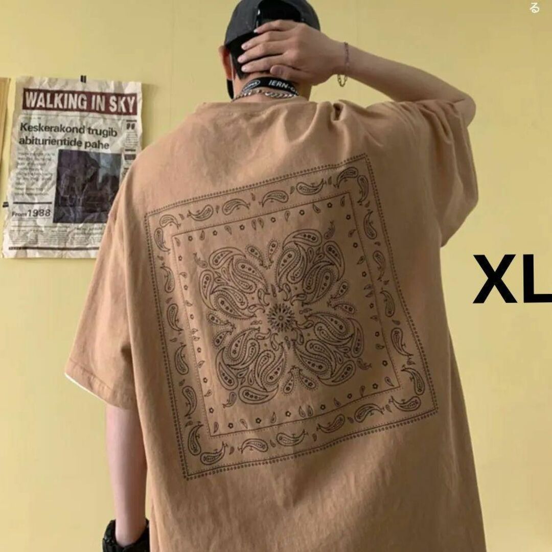 メンズ　ビッグシルエット　ペイズリー　半袖　Tシャツ　ストリート　ベージュ　XL メンズのトップス(Tシャツ/カットソー(半袖/袖なし))の商品写真