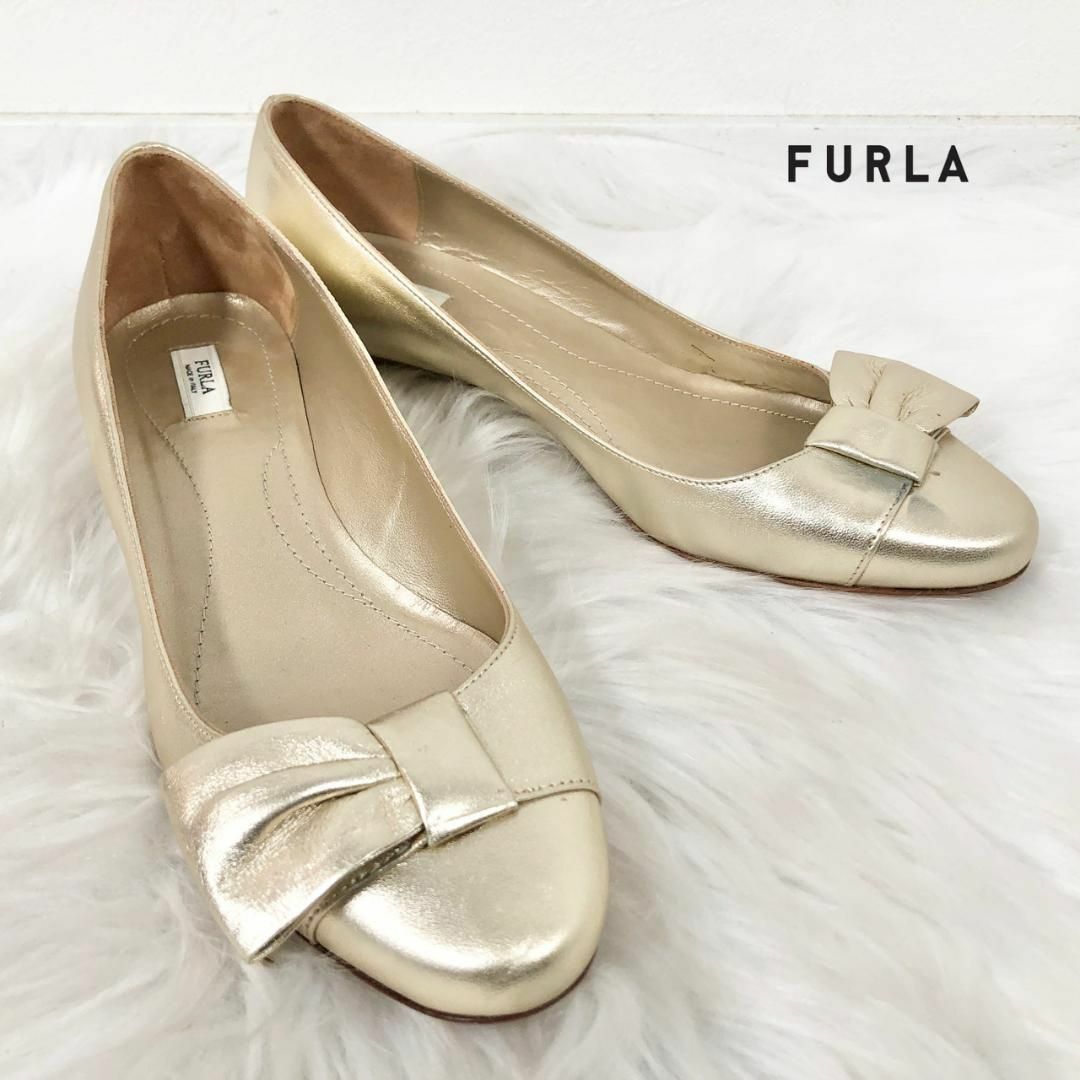 FURLA フルラ レザー パンプス リボン ゴールド