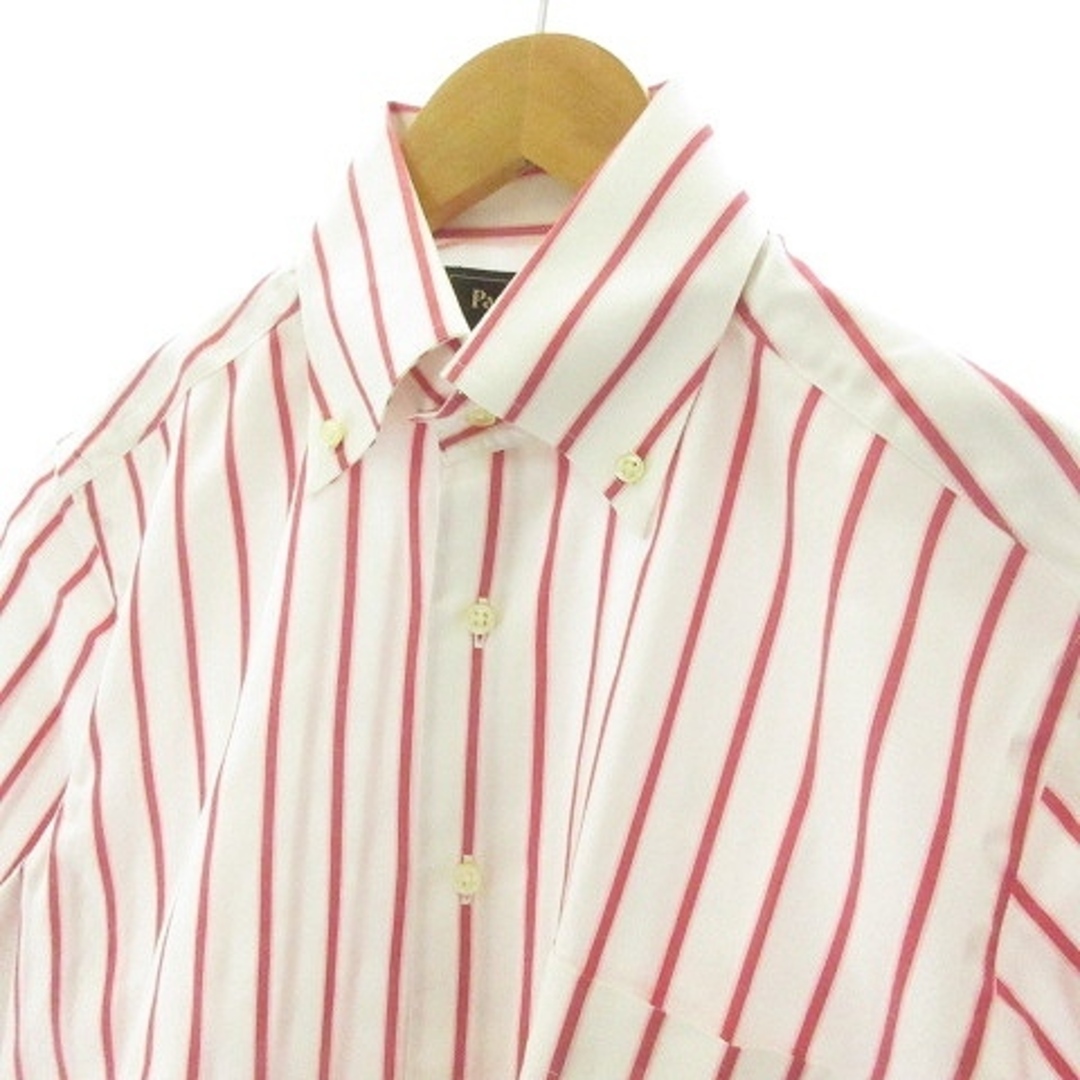 ポールスチュアート ストライプシャツ BDシャツ 半袖 コットン 白 赤 M
