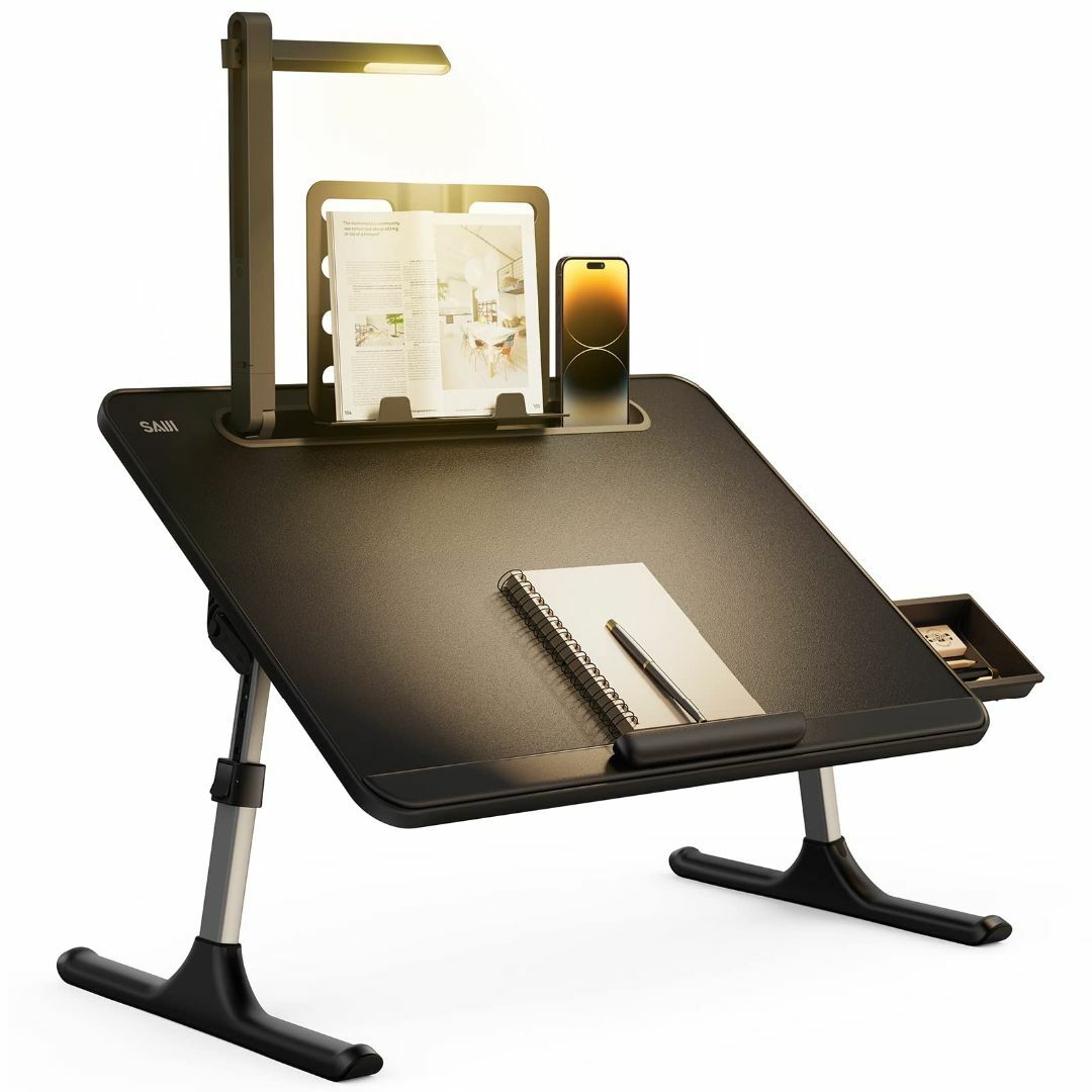 SAIJI ベッドテーブル LEDライト付け 3段明るさ調整 ミニテーブル 収納PC/タブレット