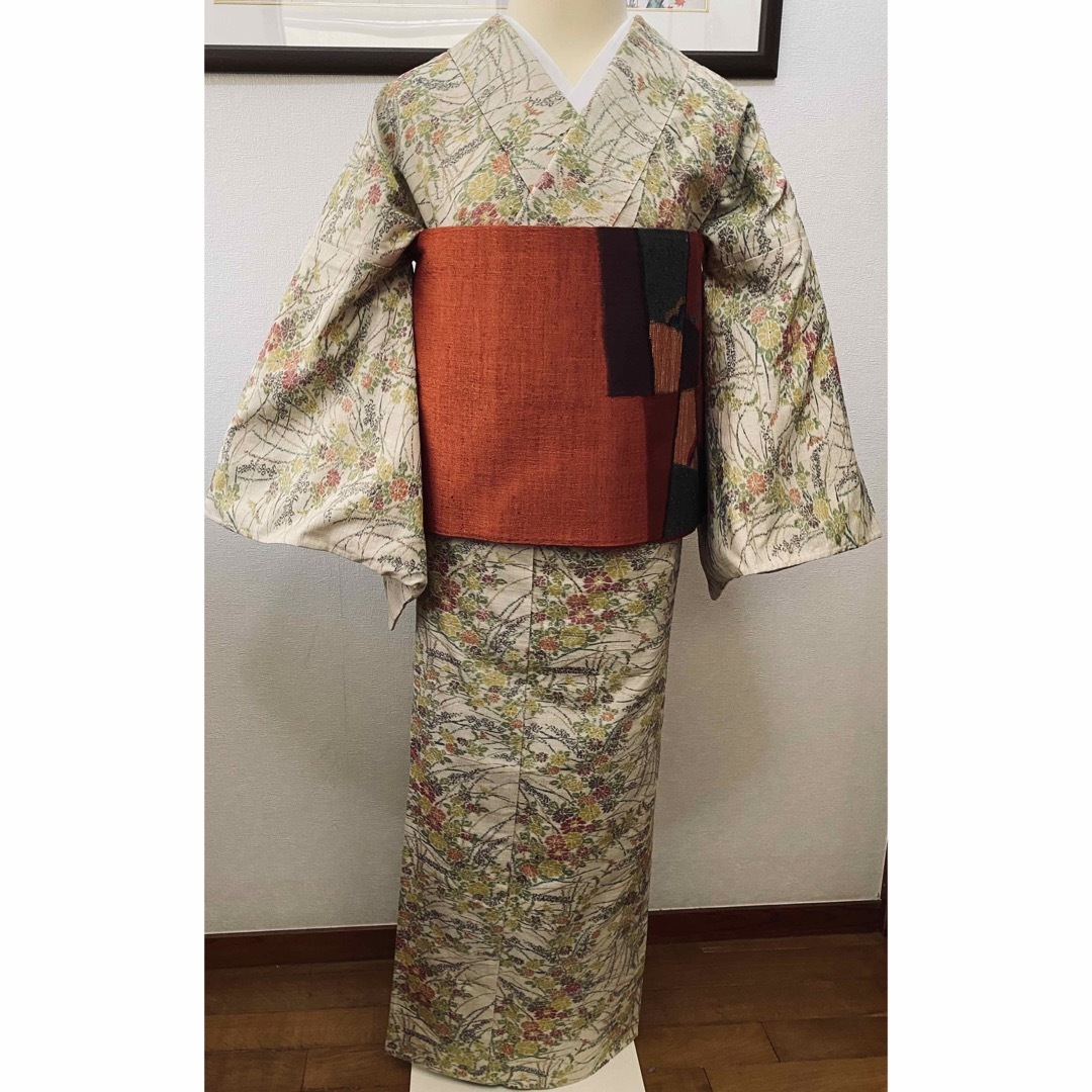 美品》正絹・単衣小紋/信州紬 & 正絹袋帯 - 着物