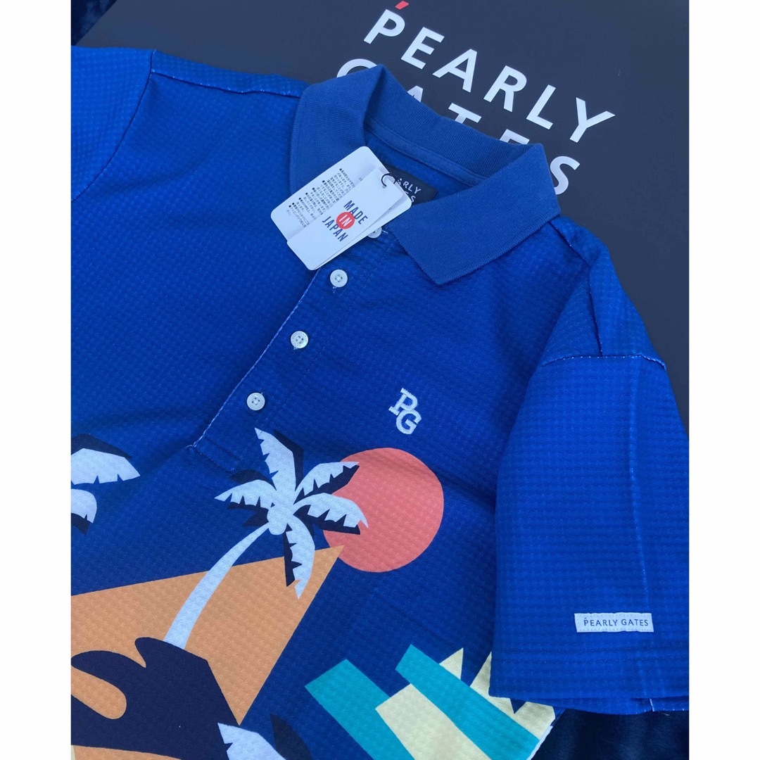 新品 パーリーゲイツ 椰子柄 鹿の子半袖ポロシャツ(4)サイズM 青