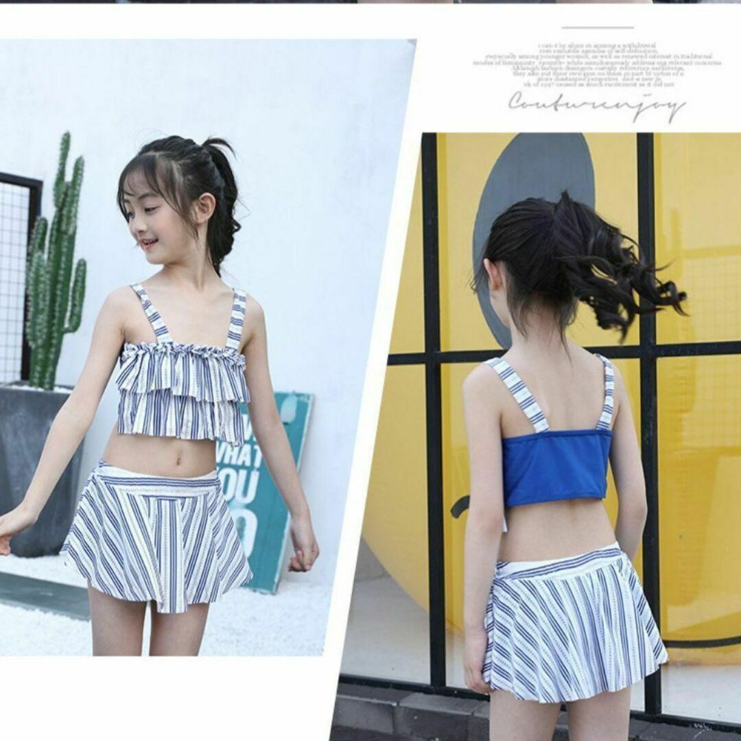 140 水着　夏休み　プール　海　レッド　赤　ストライプ　セパレート キッズ/ベビー/マタニティのキッズ服女の子用(90cm~)(水着)の商品写真