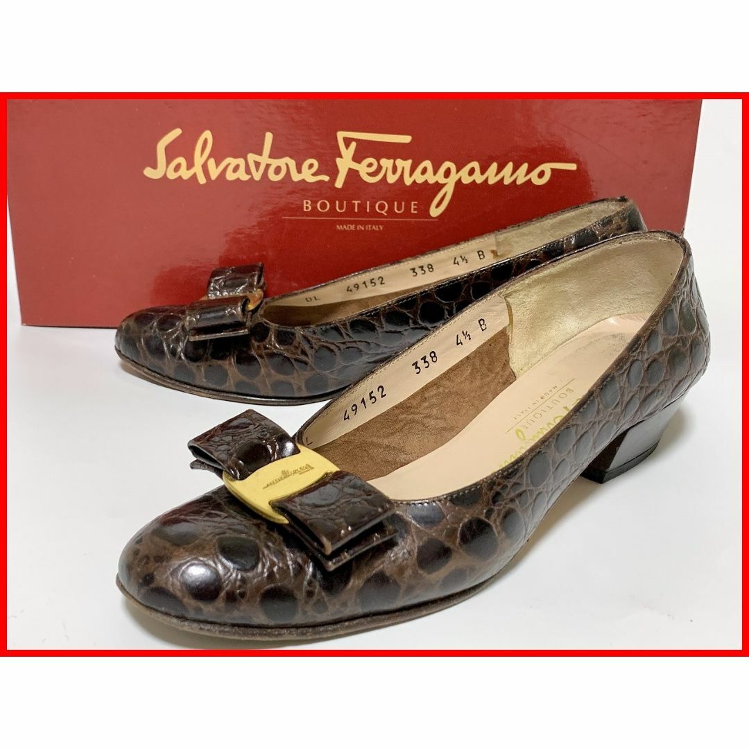 Salvatore Ferragamo(サルヴァトーレフェラガモ)のフェラガモ 4.5≒21.5cm パンプス 型押し 茶 jtu レディースの靴/シューズ(ハイヒール/パンプス)の商品写真