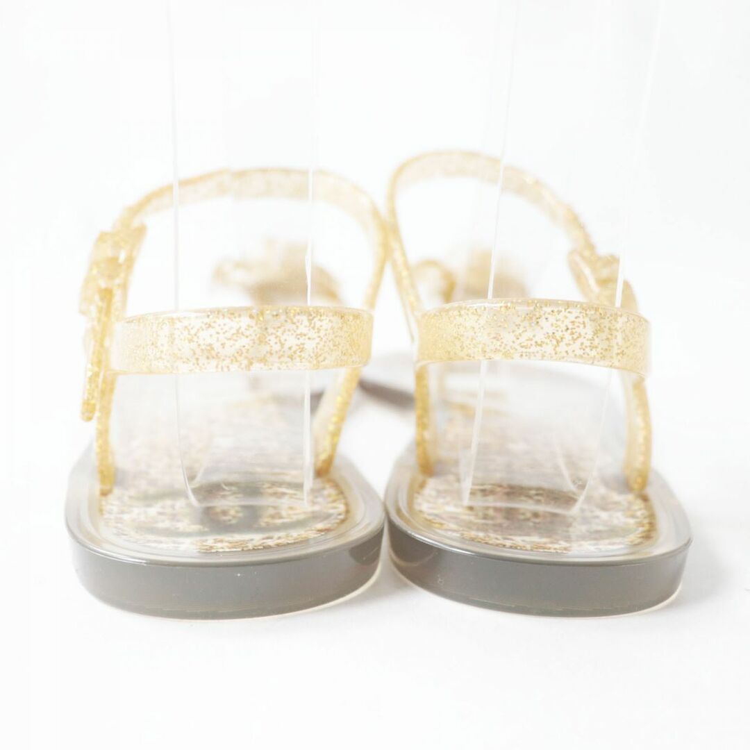美品◎伊製 CHANEL シャネル レディース カメリア×ココマーク付き ラバー クリア フラットサンダル ゴールド ラメ×ツイード柄 37 袋付き