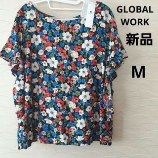 グローバルワーク(GLOBAL WORK)のGLOBAL WORK　花柄　レーヨンリネンソデフリル　ブラウス　半袖(カットソー(半袖/袖なし))