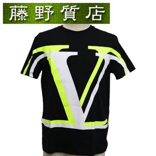 (クリーニング済）ヴァレンチノ VALENTINO Tシャツ ビッグロゴ コットン 綿 100％ バレンチノ 黒 × 白 × イエロー 8072(Tシャツ/カットソー(半袖/袖なし))