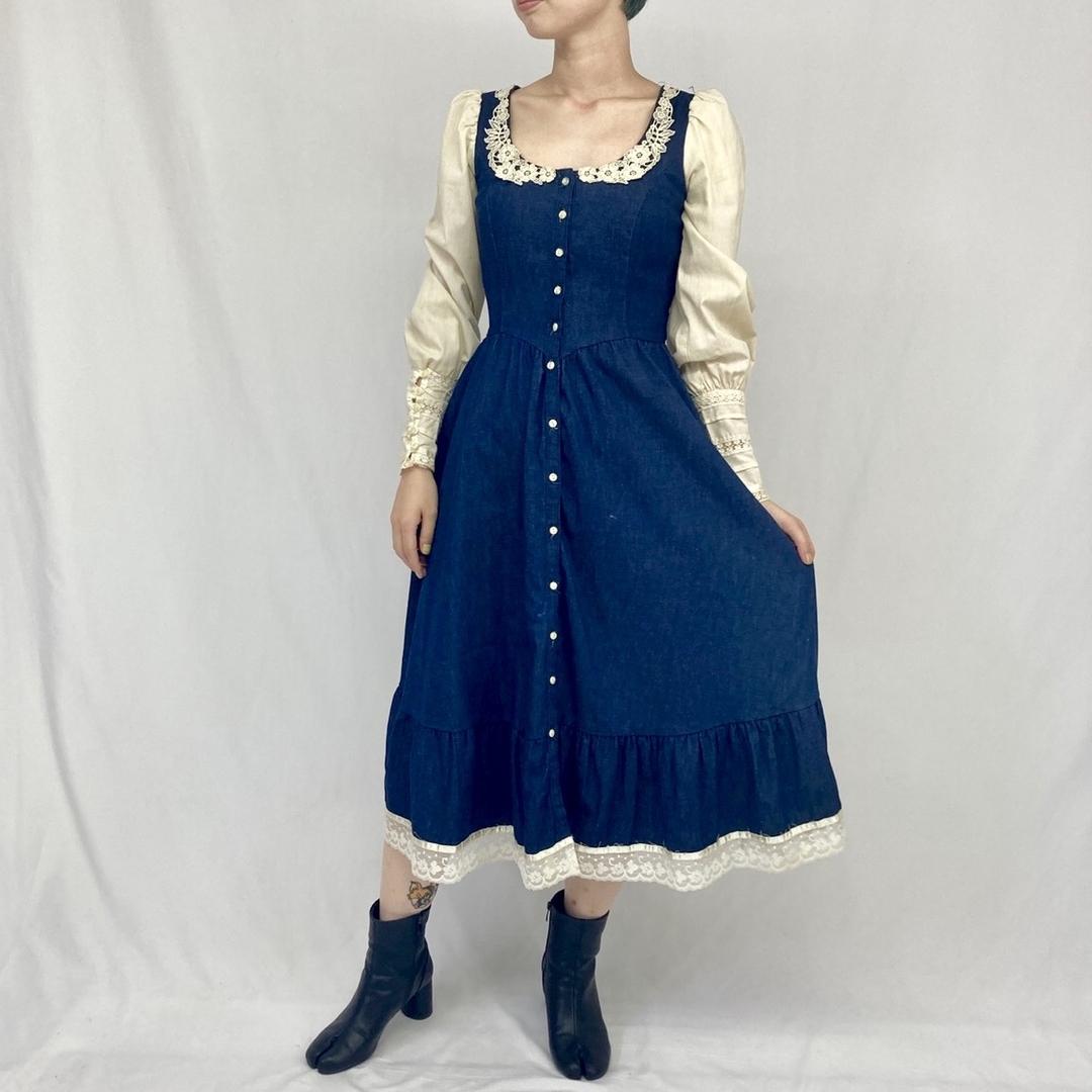 70年代 ガンネサックス GUNNE SAX Jessica 長袖 デニムフレア ワンピース USA製 レディースM ヴィンテージ /evb002235