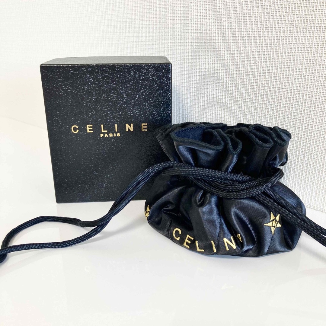 CELINE セリーヌ 巾着ポーチ サテン ブラック 黒