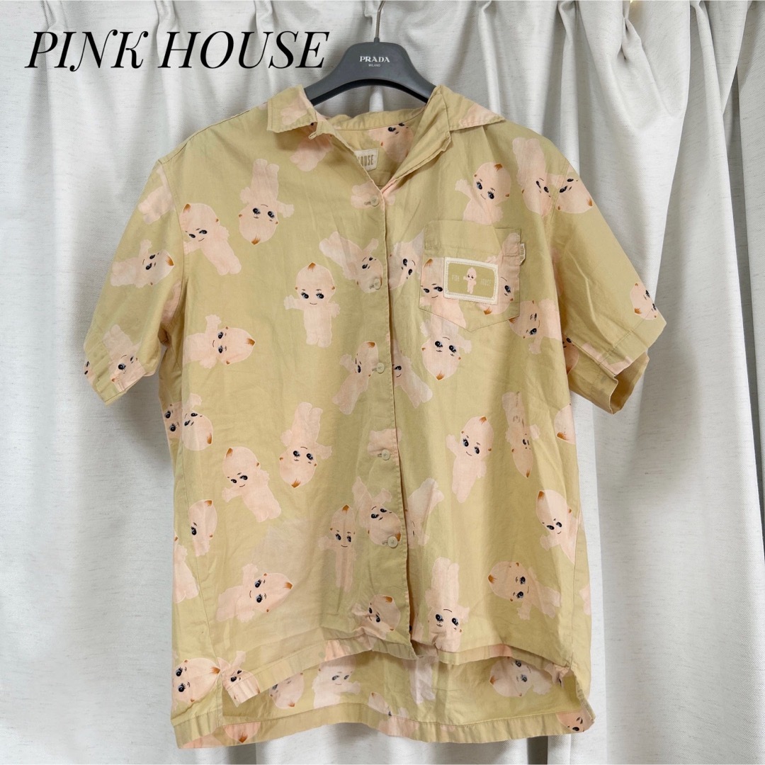 【美品】PINKHOUSE キューピー 半袖シャツ ブラウス 襟 ワッペン 総柄