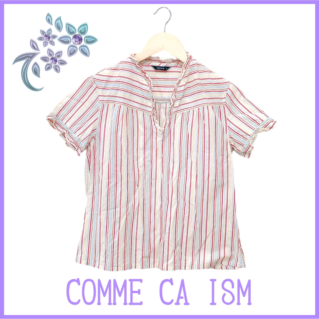 COMME CA ISM(コムサイズム)の【COMME CA ISM】シャツ ブラウス フリル 半袖 ストライプ Vカット レディースのトップス(シャツ/ブラウス(半袖/袖なし))の商品写真