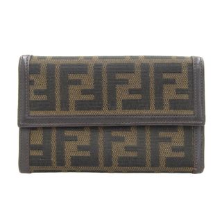 フェンディ(FENDI)の【本物保証】 フェンディ FENDI ズッカ柄 パスケース付 三つ折り財布 キャンバス レザー ブラウン(折り財布)