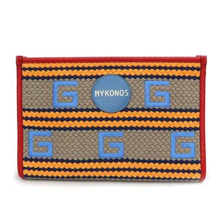 グッチ(Gucci)のグッチ リゾート MYKONOS ストライプ ポーチ クラッチ セカンドバッグ ファブリック レザー ブラウン ブルー レッド オレンジ 茶 青 赤 ゴールド金具 627080 GUCCI（新品・未使用品）(クラッチバッグ)