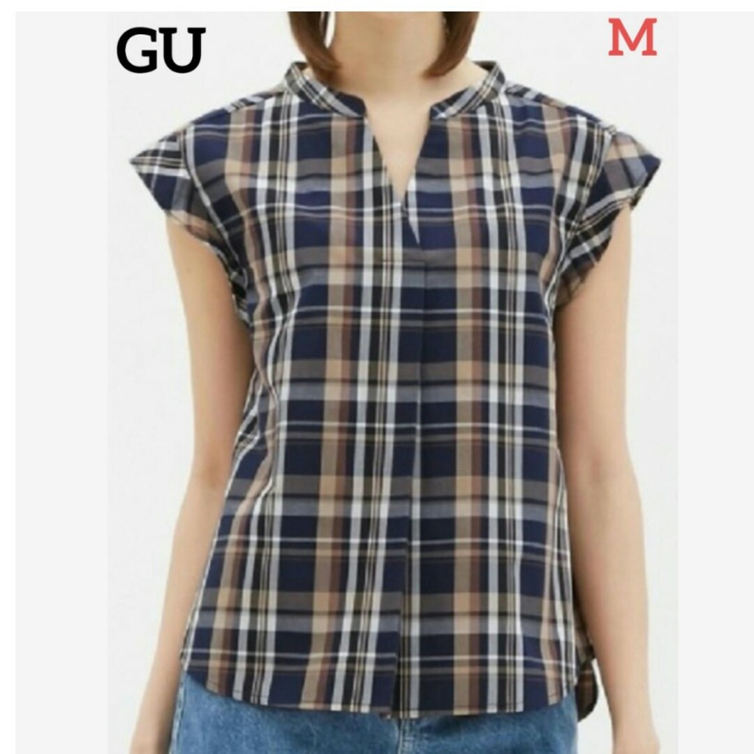 GU(ジーユー)のGU 　マドラスチェック ノースリーブ スキッパーシャツ ネイビー M レディースのトップス(シャツ/ブラウス(半袖/袖なし))の商品写真