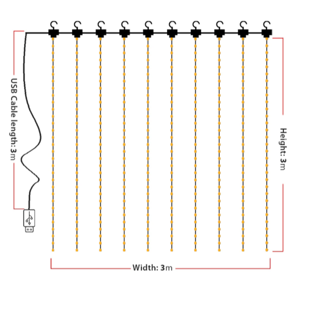 LED ライトカーテン 3x3m 電球300個 フック付 warm white