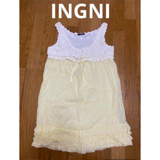 イング(INGNI)のINGNI イング　ミニ丈ワンピース　クロシェ　リボン　フリル　シフォン　黄色(ミニワンピース)