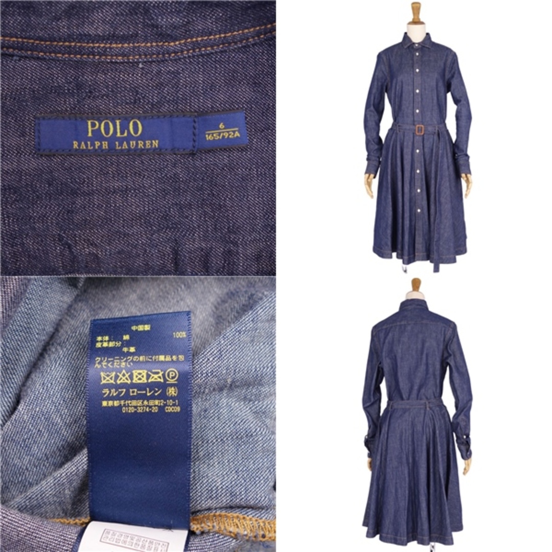 美品 ラルフローレン RALPH LAUREN ワンピース デニム ベルト付き 無地 コットン トップス レディース 6(M相当) インディゴブルー