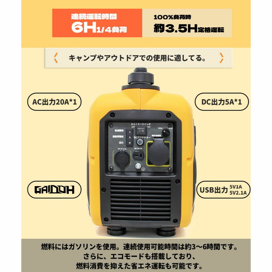 インバーター発電機 ガソリン発電機GA1000i 最大出力1.2kVA