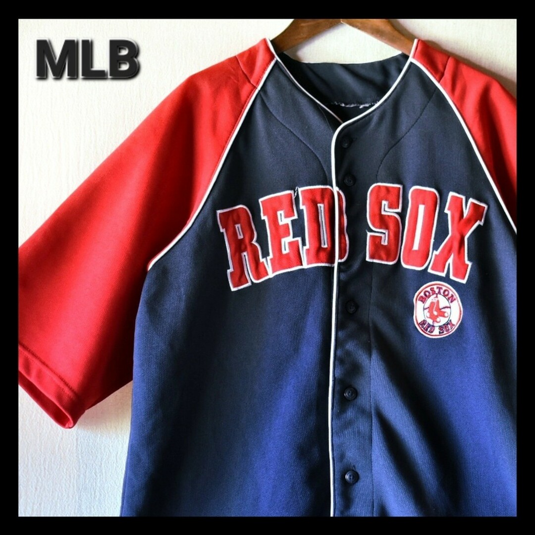 ★MLB レッドソックス 34ワッペン刺繍ロゴ 紺赤 半袖ベースボールシャツ
