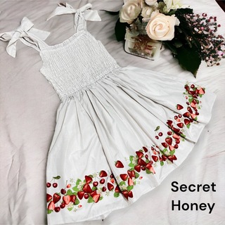 シークレットハニー(Secret Honey)のSecret Honeyイチゴ柄ワンピース ベージュストライプ ガーリー甘め(ひざ丈ワンピース)