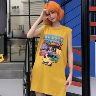 【イエロー★Ｌサイズ】　レディース ロング Tシャツ ロゴ プリント(Tシャツ(半袖/袖なし))