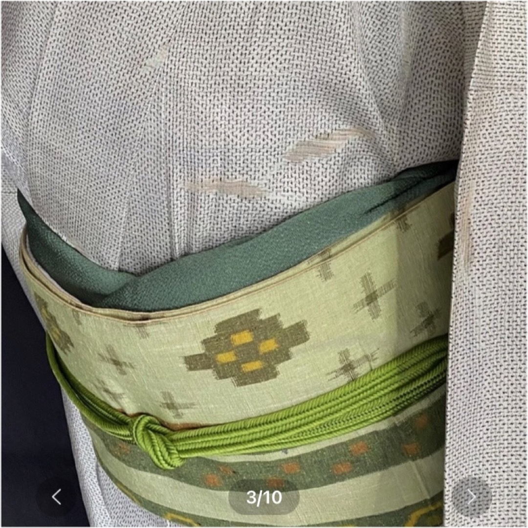 〈薄緑の紬の洒落袋帯〉SALE 全通　和柄　軽い　手織り　普段着の帯　締めやすい