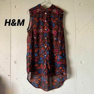 エイチアンドエム(H&M)の【美品】H&M シアーブラウス　ノースリーブ フラワー　総柄　シェルボタン(シャツ/ブラウス(半袖/袖なし))