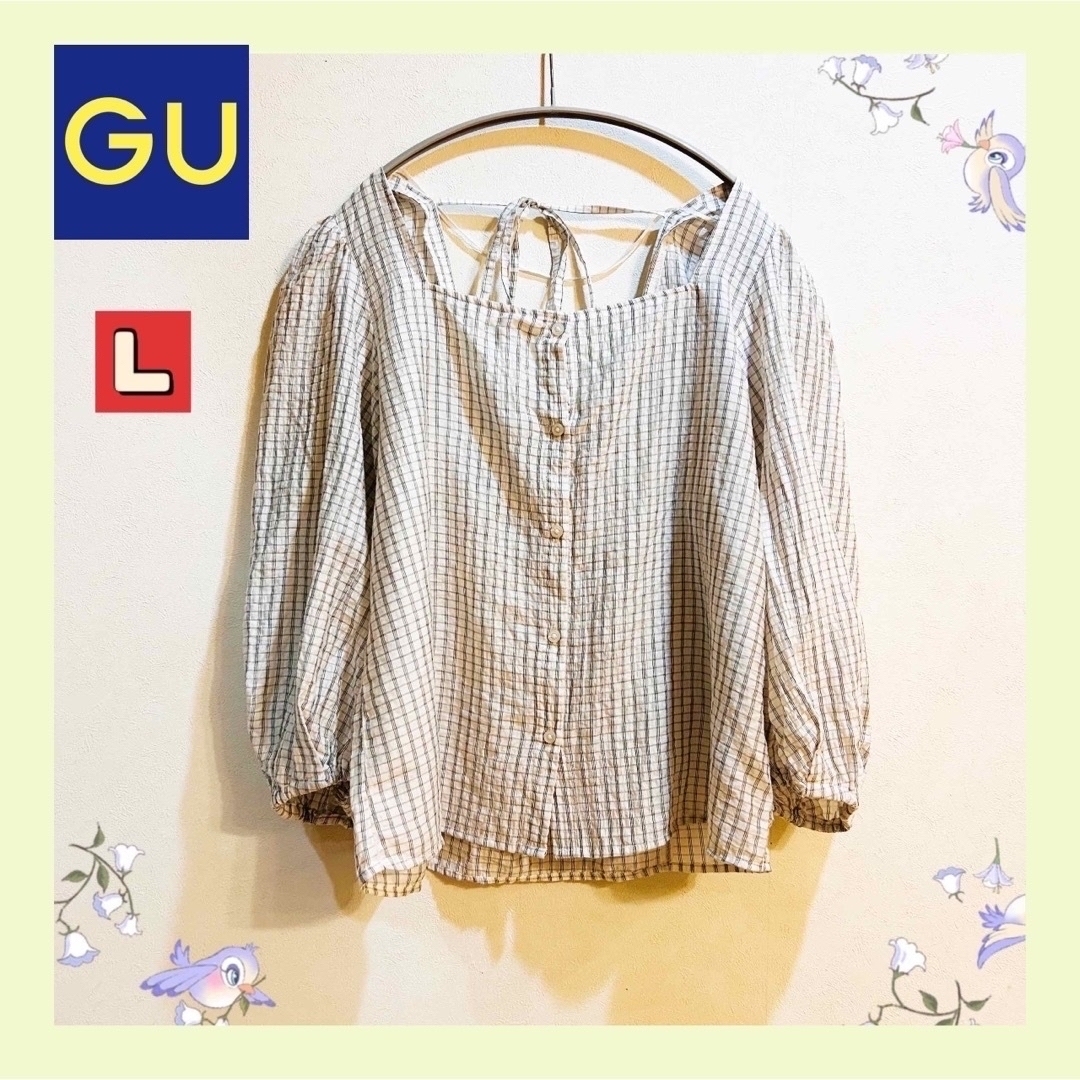 GU(ジーユー)の【GU】パフスリーブ☆チェック柄 ブラウス☆前ボタン☆背中リボン&リブデザインL レディースのトップス(シャツ/ブラウス(半袖/袖なし))の商品写真