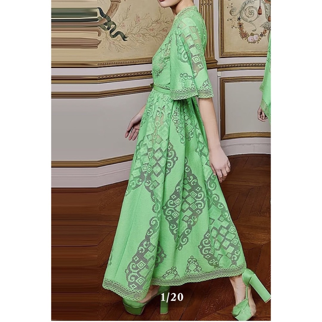 ワンピース　緑　Aライン　レース　フレア　チュール　キャバ　ラウンジ　結婚式 レディースのフォーマル/ドレス(ミディアムドレス)の商品写真