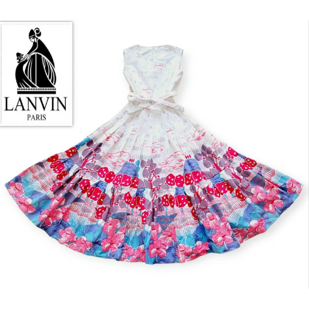 LANVIN(ランバン)の【希少】オールド　ランバン　花柄　ベルト付き　ノースリーブ　ロングワンピース レディースのワンピース(ロングワンピース/マキシワンピース)の商品写真