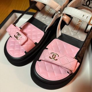 CHANEL シャネル エスパドリーユ フラット サンダル ピンク フットベッド