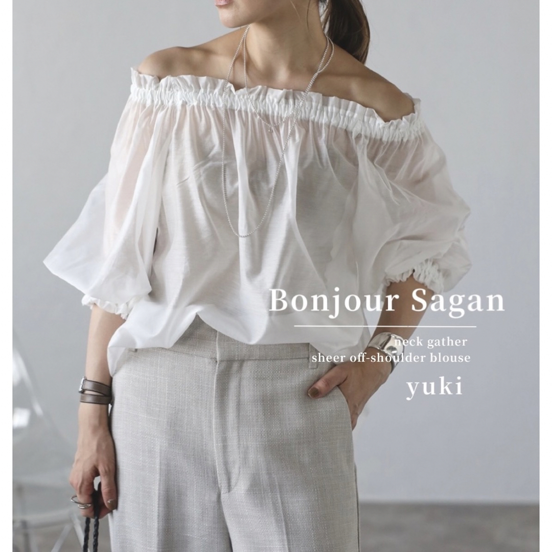 残1【新品】Bonjour Sagan ネックギャザーシアーオフショルブラウス レディースのトップス(シャツ/ブラウス(長袖/七分))の商品写真
