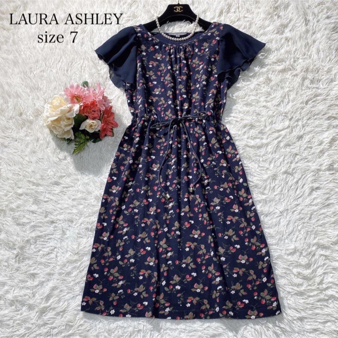 【美品】LAURA ASHLEY 花柄 ひざ丈ワンピース フレア 半袖 リボン付