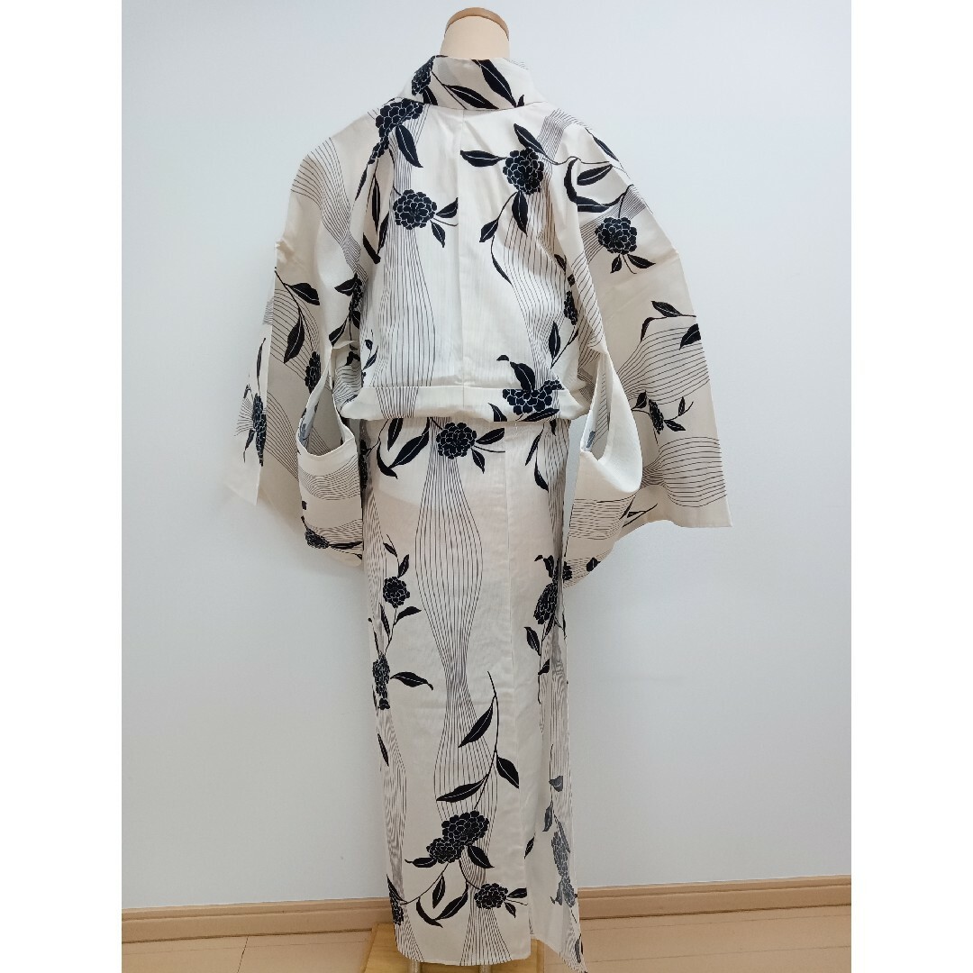 綿麻ゆかた オフホワイト✕黒 裄68cm