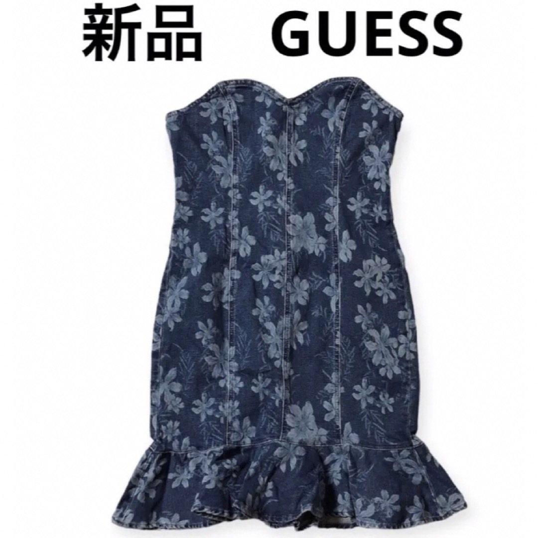 GUESS(ゲス)の新品未使用　GUESS  ゲス　裾フリル　デニムワンピース　花柄　Lサイズ レディースのワンピース(ミニワンピース)の商品写真