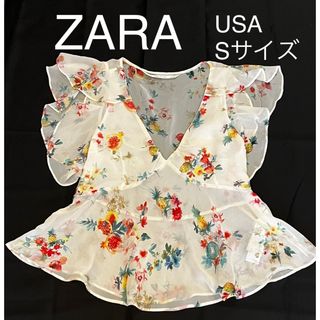 ザラ(ZARA)のZARA TRAFALUC★フラワー★ボタニカルプリントフリルトップス　夏コーデ(カットソー(半袖/袖なし))