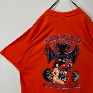 バイク　Tシャツ　アメカジ　2XLサイズ　ゆるだぼ　ワンポイントロゴ　オレンジ(Tシャツ/カットソー(半袖/袖なし))
