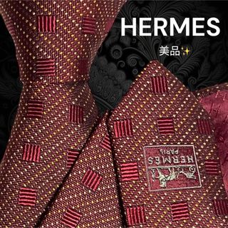 エルメス(Hermes)の✨️美品✨️ HERMES エルメス 四角柄 ストライプ ドット 赤茶色(ネクタイ)