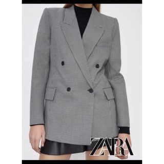 ザラ(ZARA)のZARA ギンガムチェック柄　モノトーン  テーラードジャケット　XS(テーラードジャケット)