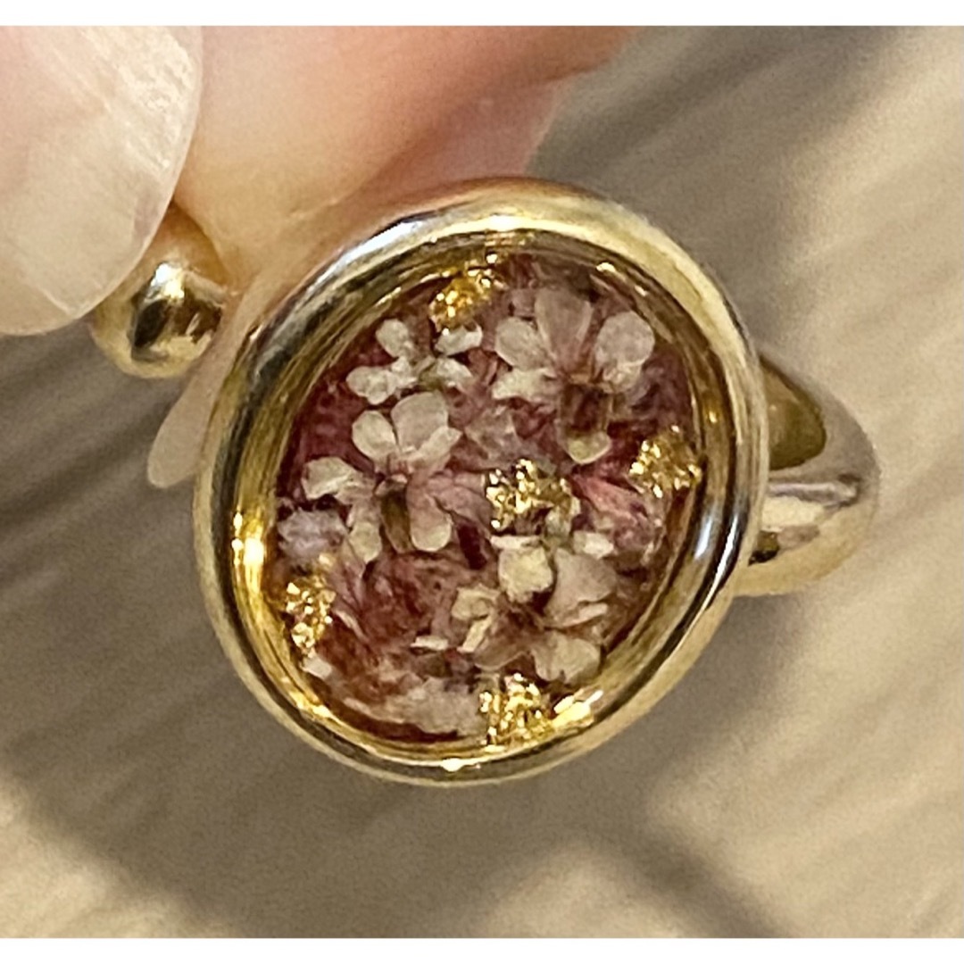 【ハンドメイド】パープル押し花オープンリング レディースのアクセサリー(リング(指輪))の商品写真