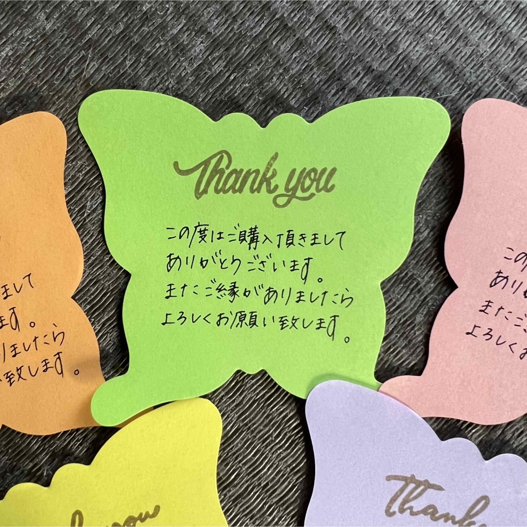 手書きサンキューカード サンキュースタンプ 蝶々 5種類 25枚 ハンドメイドの文具/ステーショナリー(カード/レター/ラッピング)の商品写真