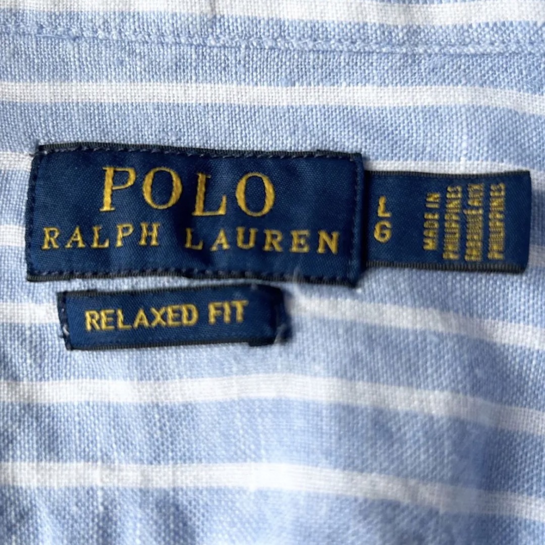 POLO RALPH LAUREN(ポロラルフローレン)の【美品】ポロラルフローレン  麻100%ストライプシャツ　ポニー刺繍　ブルー　L レディースのトップス(シャツ/ブラウス(長袖/七分))の商品写真