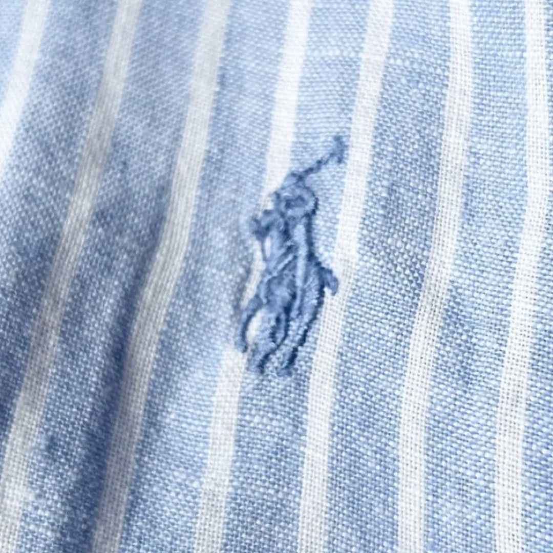 POLO RALPH LAUREN(ポロラルフローレン)の【美品】ポロラルフローレン  麻100%ストライプシャツ　ポニー刺繍　ブルー　L レディースのトップス(シャツ/ブラウス(長袖/七分))の商品写真