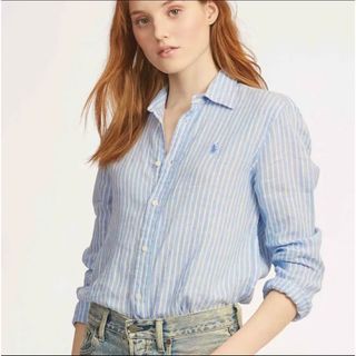 ポロラルフローレン(POLO RALPH LAUREN)の【美品】ポロラルフローレン  麻100%ストライプシャツ　ポニー刺繍　ブルー　L(シャツ/ブラウス(長袖/七分))