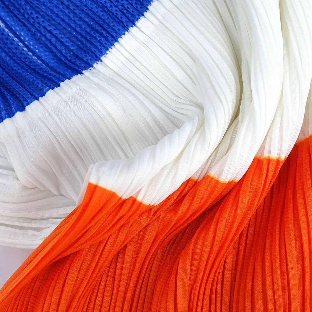 PLEATS PLEASE ISSEY MIYAKE(プリーツプリーズイッセイミヤケ)の美品 プリーツプリーズ イッセイミヤケ PLEATS PLEASE シャツ ブラウス ハイネック ロングスリーブ プリーツ トップス レディース 3(L相当) ブルー/オレンジ/ホワイト レディースのトップス(シャツ/ブラウス(長袖/七分))の商品写真