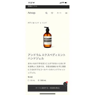 イソップ(Aesop)のAesop  アンドラム　エクスペディエント　ハンドジェル　500ml(アルコールグッズ)